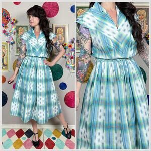 Vintage 1950s Blue and White Plaid Short Sleeve Fit and Flare Cotton Midi Dress